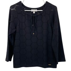 St John Sport Marie Gray Black Honeycomb Open Knit Bee Charm Tie Sweater Sz 0P